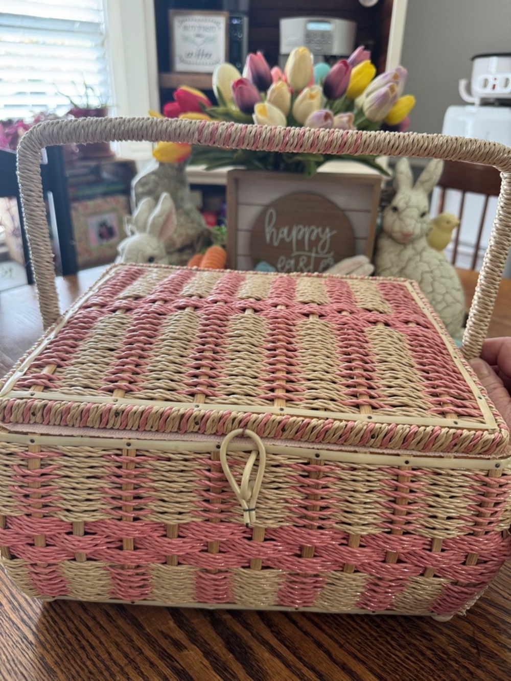 VINTAGE Made in Japan Wicker Sewing Basket - pastel pink and cream